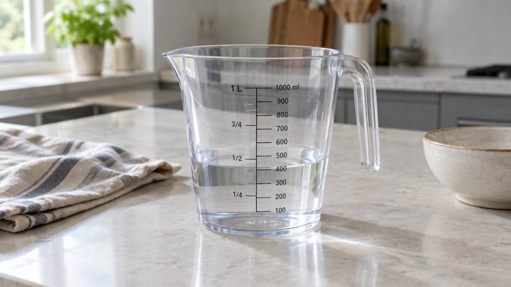A photograph of a single clear 1-liter measuring jug resting on a pale stone kitchen counter, composed horizontally in a 16:9 landscape frame. The jug is the hero, shown at a natural three-quarter angle with its sturdy handle, pouring spout, and crisp graduated markings clearly visible. A small amount of water sits inside, catching the soft daylight from a nearby window. Around it, a folded linen tea towel and a simple ceramic bowl suggest an everyday home kitchen, arranged c