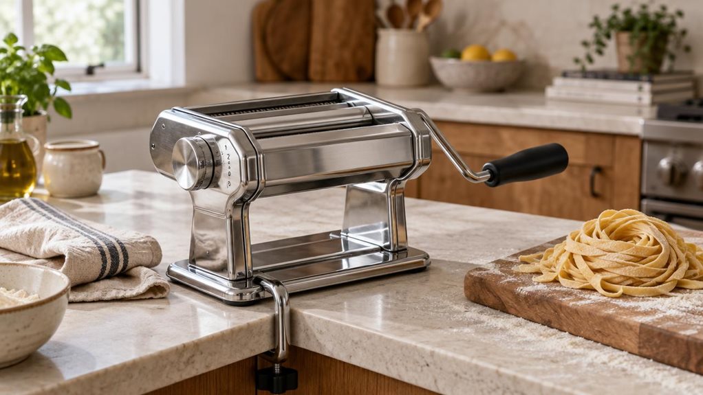A photograph of a single stainless-steel manual pasta machine resting on a pale stone kitchen island, composed as a horizontal 16:9 landscape scene. Its polished rollers, sturdy clamp, and small numbered thickness dial are clearly visible, with a neatly folded linen towel and a light dusting of flour nearby. A loose nest of fresh pasta sits on a wooden board beside it, suggesting a well-used home kitchen without showing anyone mid-action. The machine is the hero, framed natur