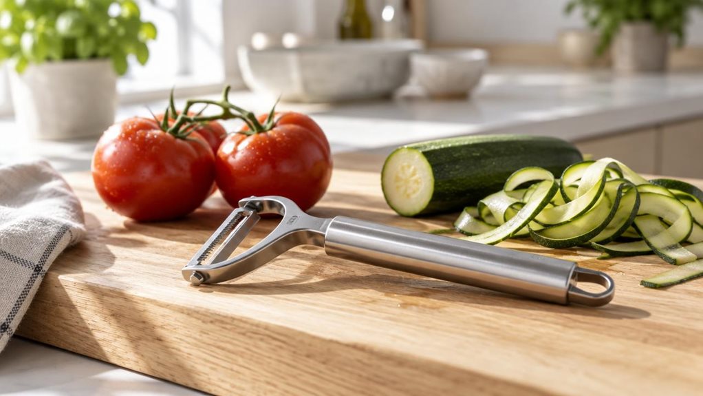 A photograph of a sleek stainless-steel tomato and vegetable peeler resting casually on a light oak cutting board in a modern, sunlit kitchen, framed in a horizontal 16:9 landscape composition. The peeler is the clear hero of the scene, placed naturally beside a few fresh tomatoes, a zucchini, and a small pile of thin vegetable ribbons, suggesting recent use without showing any action. Soft morning light streams in from the left, creating gentle highlights on the metal body a