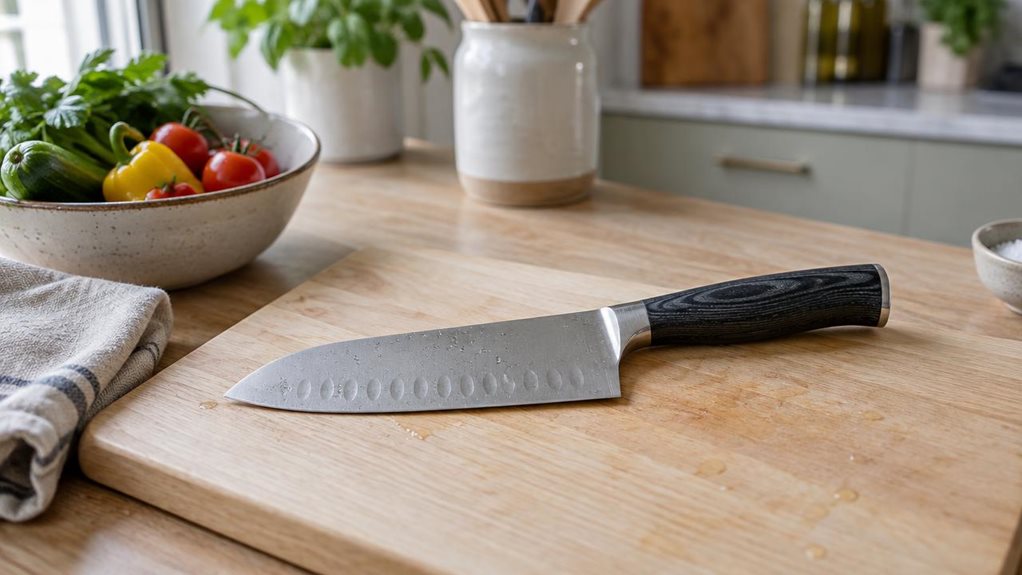 A photograph of a single 18 cm Santoku knife resting naturally on a pale wooden cutting board in a calm, modern home kitchen. The knife is the clear hero, its broad stainless-steel blade and dark, textured handle rendered with realistic detail, subtle reflections, and a few fine water droplets. A folded linen tea towel and a small bowl of fresh vegetables sit nearby, suggesting everyday kitchen use without making the scene feel staged. The composition is horizontal, 16:9 land