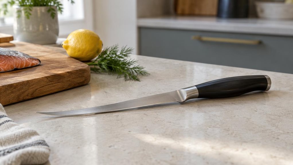 A photograph of a single filleting knife resting naturally on a pale stone kitchen counter beside a wooden cutting board, in a horizontally composed 16:9 landscape scene. Its long, narrow stainless-steel blade and sculpted dark handle are clearly visible, with subtle reflections that reveal the fine finish without looking staged. A small piece of fresh fish, a lemon, and a sprig of dill sit nearby, suggesting a home cook’s kitchen without any action in progress. The knife is 