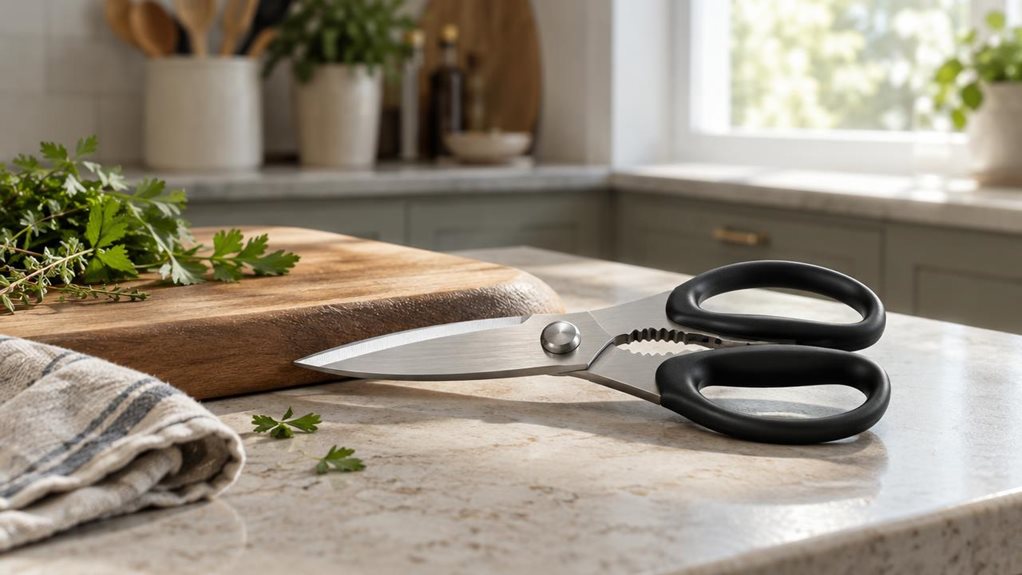 A photograph of a single pair of premium stainless-steel kitchen scissors resting naturally on a light stone kitchen counter, their clean, sculptural blades and dark ergonomic handles clearly visible. The scissors are the hero of the scene, placed beside a wooden cutting board with a few herb leaves and a folded linen towel, suggesting an everyday home kitchen without feeling staged or mid-action. In the softly blurred background, understated cabinetry, a ceramic utensil croc