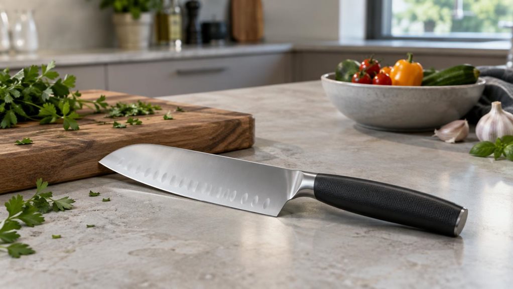 A photograph of a WMF Grand Gourmet Santoku-style knife resting naturally on a pale stone kitchen counter, its broad stainless-steel blade and dark textured handle clearly visible. The knife is the single hero product, positioned at a slight diagonal beside a wooden cutting board with a few casually scattered herb leaves and a small bowl of vegetables nearby. The horizontally composed 16:9 landscape scene feels candid and observational, as if captured during a quiet moment in