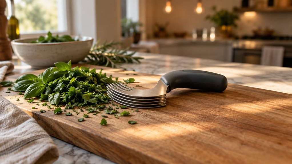 A photograph of a stainless steel herb knife resting on a wooden cutting board in a sunlit kitchen, positioned beside a loose pile of freshly chopped basil and parsley leaves. The curved multi-blade design catches a soft beam of afternoon light streaming through a nearby window, highlighting the brushed metal texture and the smooth polymer handle. The cutting board sits atop a pale marble countertop, with a linen kitchen towel casually draped at the edge of the frame. In the 