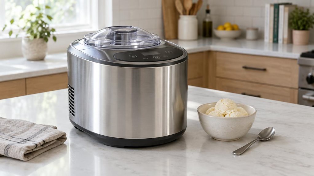 A photograph of a compact, brushed-stainless-steel ice cream maker resting on a bright kitchen counter, composed horizontally in a 16:9 landscape frame. The single appliance is the clear hero, shown at a natural three-quarter angle with its rounded body, dark control panel, and fitted lid visible; its clean, unbranded surface looks realistic and gently reflects the room. Nearby, a small ceramic bowl of pale vanilla ice cream and a simple metal spoon suggest its purpose withou