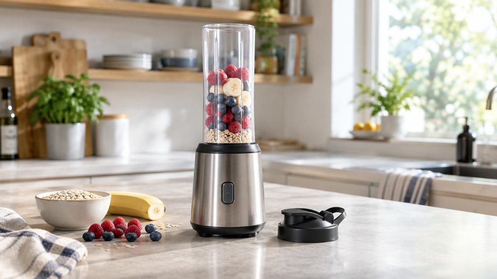 A photograph of a WMF Kult Mix & Go mini smoothie maker, shown as the single hero product in a bright, modern home kitchen. The compact blender sits naturally on a pale stone countertop, with its clear blending bottle attached and a simple lid resting nearby. A few fresh berries, half a banana, and a small bowl of oats sit casually beside it, suggesting an everyday breakfast routine without making the scene feel staged. The composition is horizontal in a 16:9 landscape format
