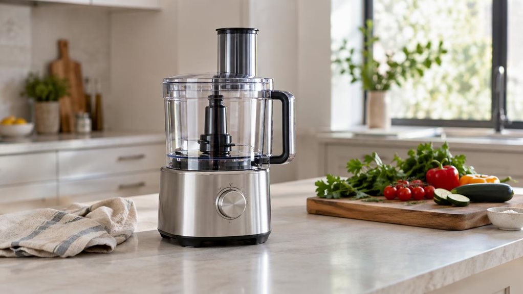 A photograph of a single sleek food processor resting on a pale stone kitchen island in a bright, modern home. The appliance has a brushed stainless-steel base, a clear work bowl, and a fitted lid, with its clean, compact silhouette as the focal point. Nearby, a folded linen towel, a wooden cutting board, and a few fresh vegetables suggest everyday meal preparation without appearing staged. The horizontally composed 16:9 landscape scene is captured from a casual, slightly off