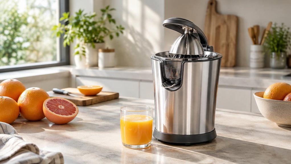 A photograph of a sleek stainless-steel juicer placed naturally on a light stone kitchen counter in a modern, sunlit home, captured in a horizontal 16:9 landscape frame. The scene feels candid and observational, as if snapped casually with a high-end camera during a quiet morning routine. Fresh oranges, a halved grapefruit, and a small glass of bright juice sit nearby, arranged loosely rather than styled too perfectly, reinforcing a lived-in lifestyle feel. The juicer is the