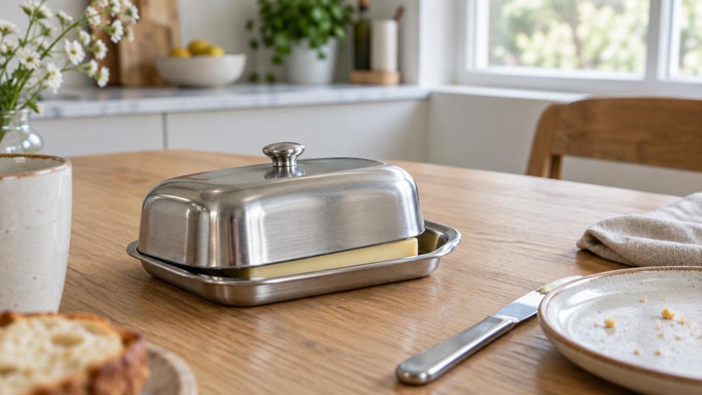 A photograph of a single stainless-steel butter dish resting on a light oak breakfast table, composed as a horizontal 16:9 landscape scene. Its polished, softly curved lid and slim rectangular base catch the gentle morning light, with a small pat of butter visible inside. Nearby, a ceramic plate with a few crumbs, a butter knife, and a linen napkin suggest a relaxed brunch, while remaining secondary to the dish. The setting feels casually observed rather than staged, with the