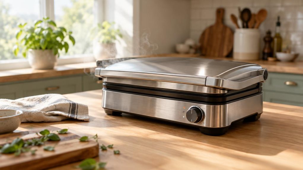 A photograph of a sleek stainless steel contact grill resting on a light oak kitchen countertop, positioned slightly off-center in a bright, airy kitchen. The grill's brushed metal lid is closed, its curved edges catching soft morning sunlight streaming through a nearby window. Small wisps of steam rise faintly from the hinge seam, suggesting recent use. Beside it sits a folded linen kitchen towel and a small wooden cutting board with a few scattered herb leaves, slightly out