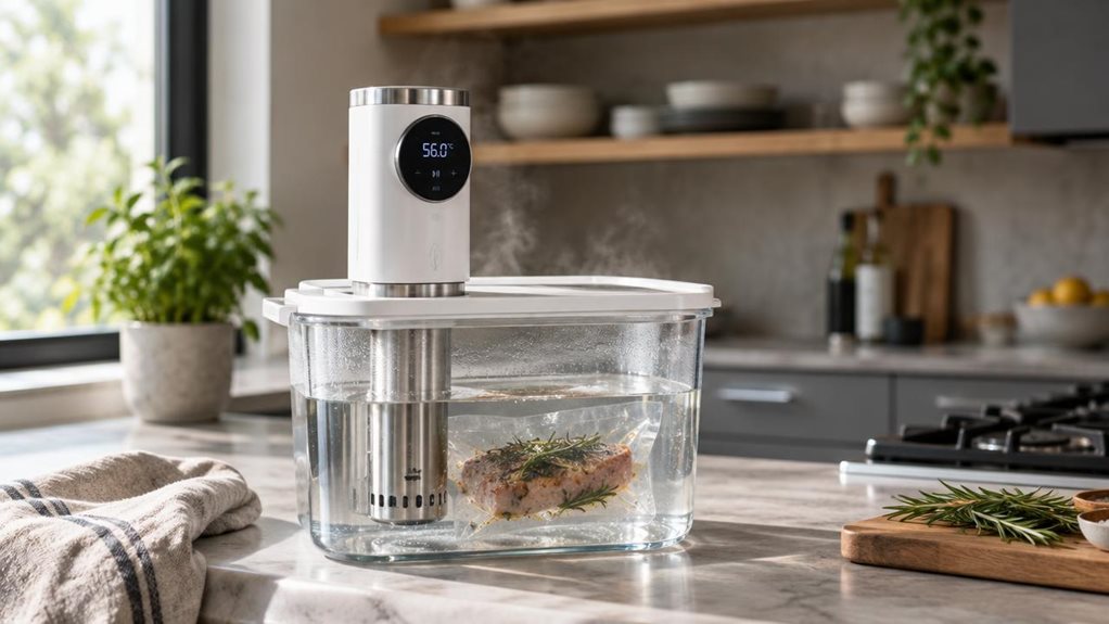 A photograph of a sleek white countertop sous vide cooker resting on a modern kitchen counter near a stovetop, its stainless steel accents catching soft, natural daylight streaming in from a nearby window. The cooker's digital display glows faintly, showing a temperature readout, while steam gently rises from the clear glass container beneath it, filled with water and a vacuum-sealed pouch of food visible through the liquid. In the background, softly blurred, are hints of a c