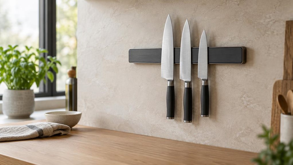 A photograph of a single 35 cm magnetic knife strip mounted horizontally on a warm, pale stone backsplash in a modern home kitchen. Three chef’s knives hang neatly from the strip, their brushed steel blades catching soft window light and their understated dark handles adding contrast. The strip is the clear hero, shown in its natural setting above a clean oak countertop, with a small ceramic bowl and folded linen towel nearby for a relaxed, lived-in feel. The scene is candid 