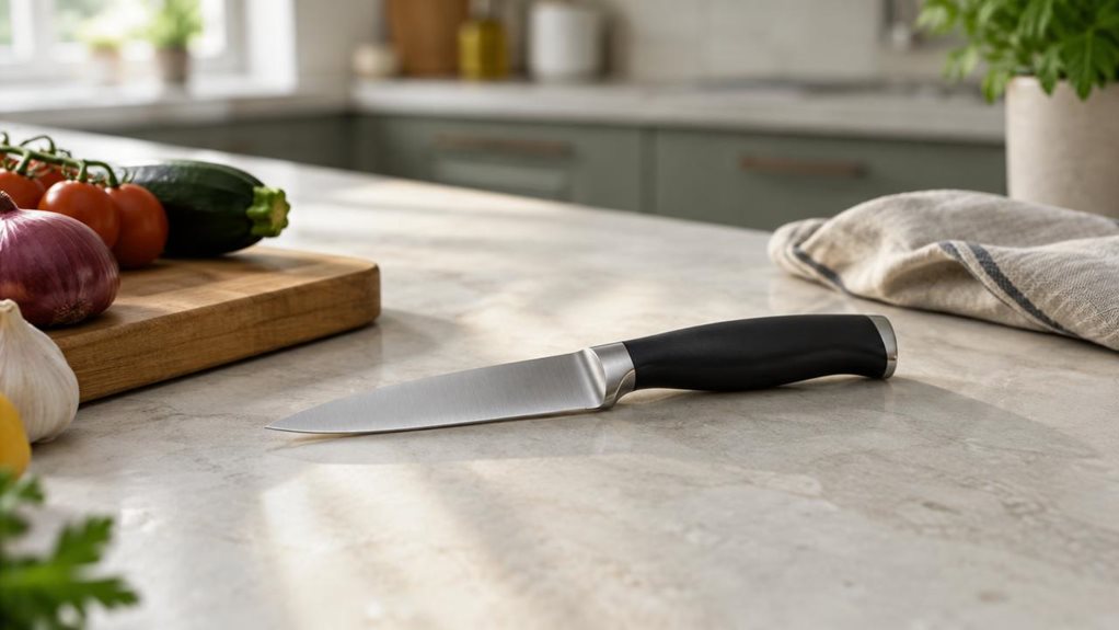 A photograph of a single paring knife resting naturally on a pale stone kitchen counter, its slim stainless-steel blade and dark ergonomic handle clearly visible. A small wooden cutting board, a few whole vegetables, and a folded linen towel sit nearby, suggesting an everyday home kitchen without making the scene feel staged. The knife is the unmistakable hero, shown in its natural setting and captured in a quiet, candid moment rather than mid-action. Soft window light falls 