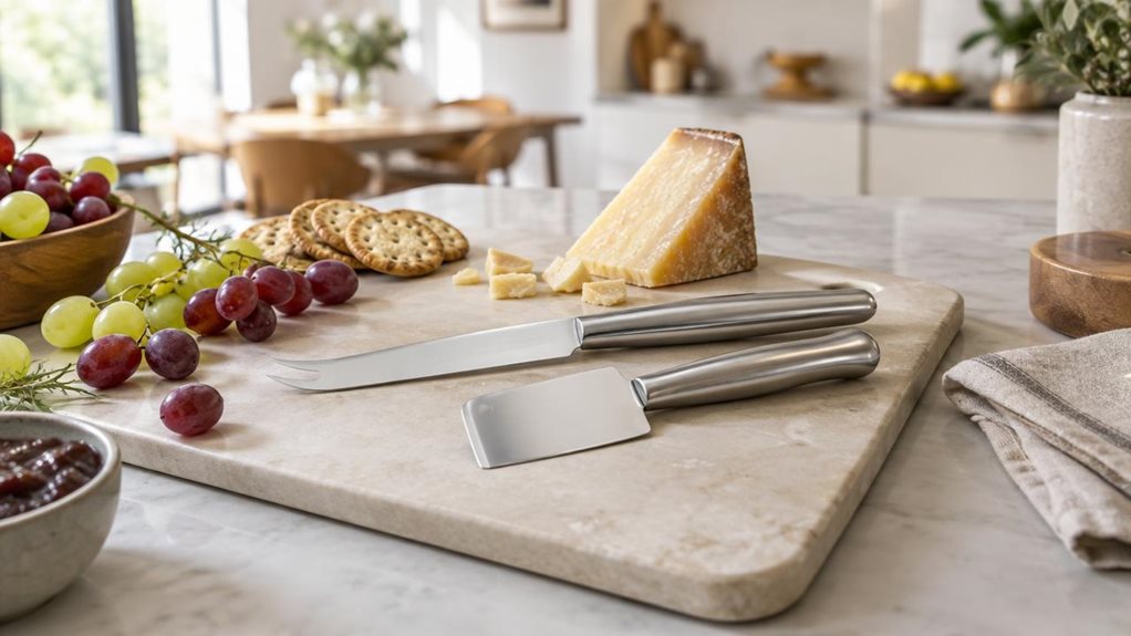 A photograph of a WMF Nuova 2-piece cheese knife set arranged on a pale stone serving board in a bright, contemporary kitchen. The two stainless-steel knives rest casually beside a small wedge of aged cheese, a few crackers, and scattered grapes, suggesting a relaxed tasting without showing anyone mid-action. Their polished blades and simple, modern handles catch the soft natural light from a nearby window. The setting feels lived-in yet uncluttered, with a folded linen napki