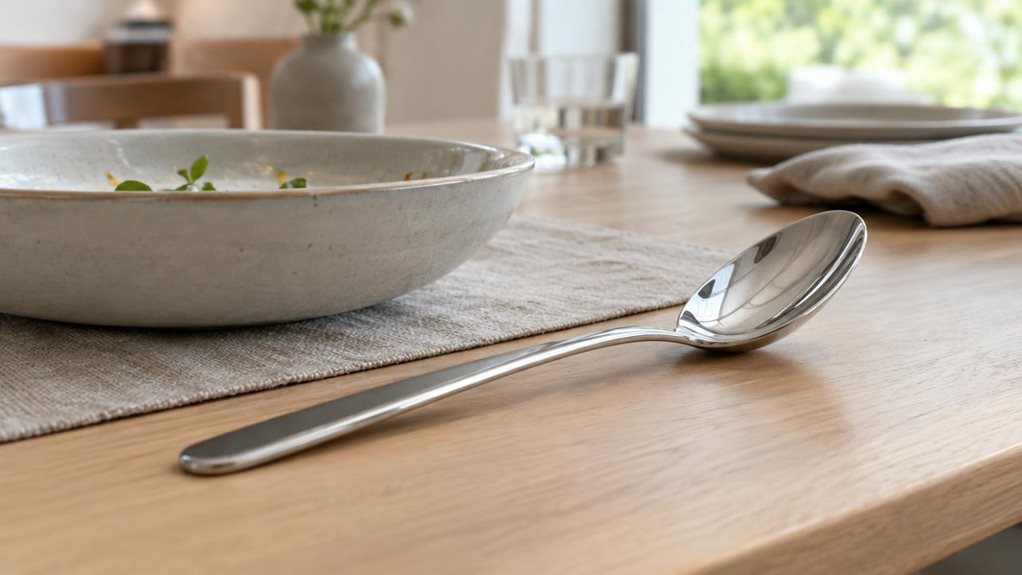 A photograph of a single polished stainless steel sauce spoon resting beside a shallow ceramic serving bowl on a modern, light oak dining table, captured in a horizontally composed 16:9 landscape scene. The spoon is the clear hero of the image, placed naturally as if left there after a quiet dinner setting, with its elongated handle and gently curved bowl catching soft daylight from a nearby window. The surrounding environment feels contemporary and lived-in: a linen placemat