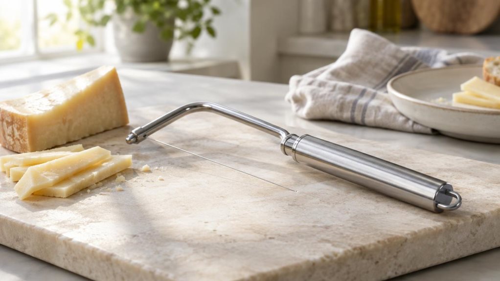 A photograph of a single stainless-steel cheese cutter resting diagonally on a pale stone serving board in a calm, modern kitchen. Its polished metal handle and fine cutting wire catch the soft morning light, with a small wedge of firm cheese and a few neatly cut slices nearby to suggest its everyday use. The cutter is the clear hero, shown in crisp detail with subtle reflections and realistic signs of handling, while a linen napkin and simple ceramic plate sit casually in th