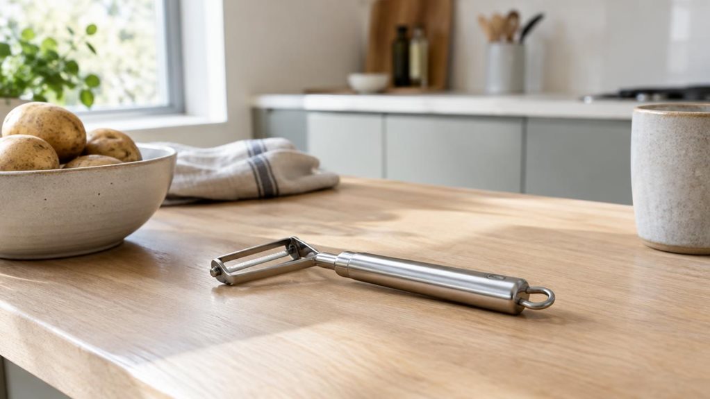 A photograph of a single stainless-steel potato peeler resting naturally on a clean, light oak kitchen counter in a bright, modern home, captured in a horizontally composed 16:9 landscape frame. The peeler is centered slightly off to one side, heroed as the main subject, with its polished metal handle and slender peeling blade catching soft window light. Around it sit subtle lifestyle details: a ceramic bowl of unpeeled potatoes, a folded linen dish towel, and a muted stonewa