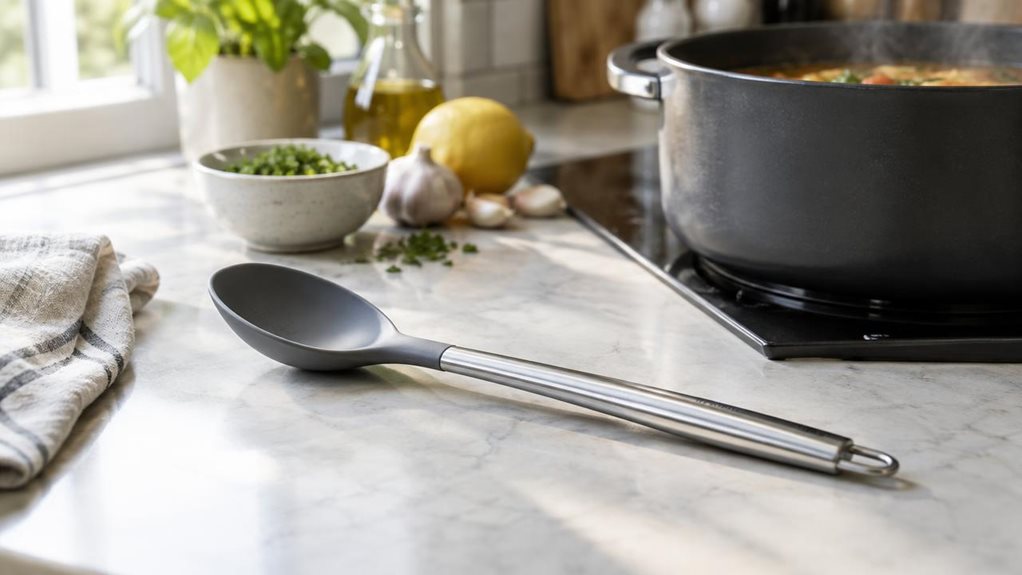 A photograph of a single 32 cm silicone cooking spoon resting naturally beside a simmering pot on a clean, modern kitchen counter, captured in a horizontally composed 16:9 landscape frame. The spoon is the clear hero, its gently curved silicone head and long stainless-steel handle shown in crisp detail, with no visible branding. A folded linen towel, a small bowl of chopped herbs, and a few everyday cooking ingredients add a relaxed, lived-in feel without cluttering the scene