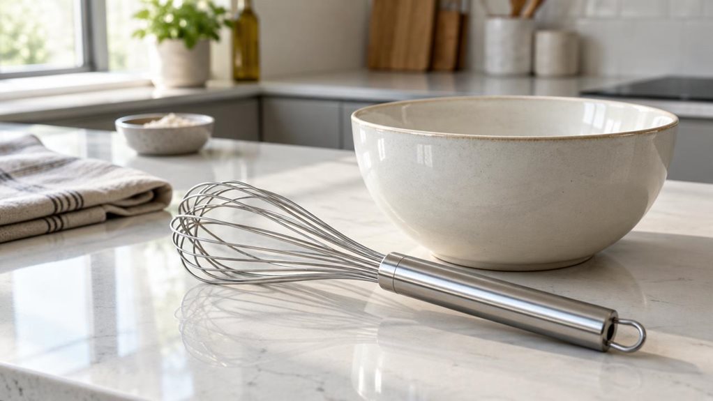 A photograph of a single stainless steel whisk from a premium three-piece kitchen set, resting casually beside a ceramic mixing bowl on a clean quartz countertop in a modern, sunlit kitchen. The horizontally composed 16:9 landscape frame feels candid and observational, as if captured by a high-end camera during a quiet morning prep scene, not staged or mid-action. The whisk is heroed in the foreground with crisp detail in the polished metal wires and sleek handle, while soft 