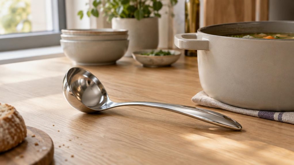 A photograph of a sleek stainless steel soup ladle resting casually beside a matte ceramic soup pot on a light oak kitchen counter, framed in a horizontally composed 16:9 landscape scene. The ladle is the hero of the image, shown in its natural setting among a softly styled modern kitchen with clean lines, neutral tones, and subtle ceramic tableware in the background. Warm daylight spills in from a nearby window, creating gentle highlights along the polished metal handle and