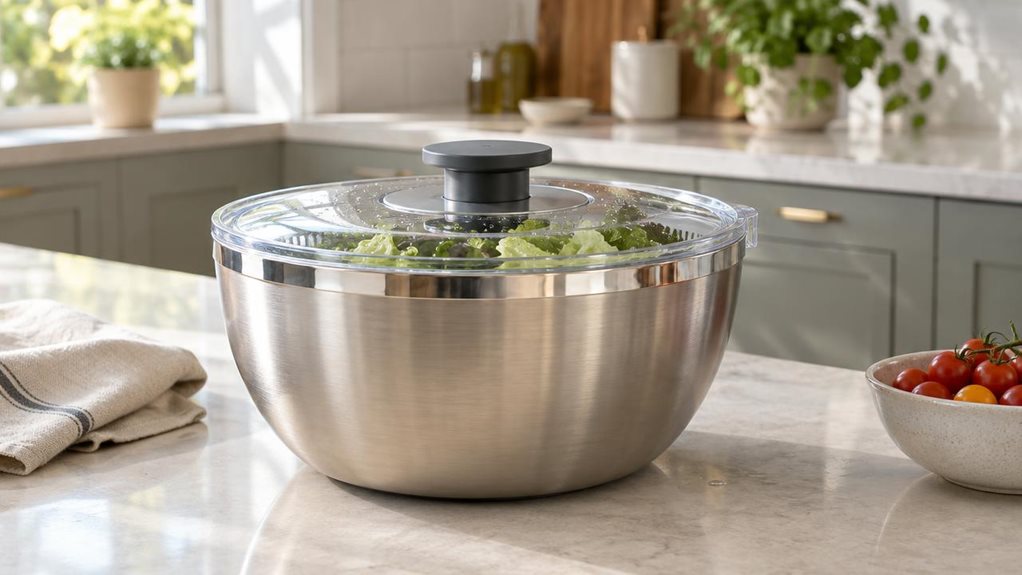 A photograph of a stainless steel salad spinner resting on a pale stone kitchen island in a bright, modern home kitchen. The single product is the clear hero: a realistic, brushed-metal bowl with a transparent lid and understated handle, its polished rim catching the soft daylight. Fresh lettuce leaves and a few droplets of water are visible inside, suggesting it has just been used, while a folded linen towel and a small bowl of cherry tomatoes sit casually nearby. The scene 