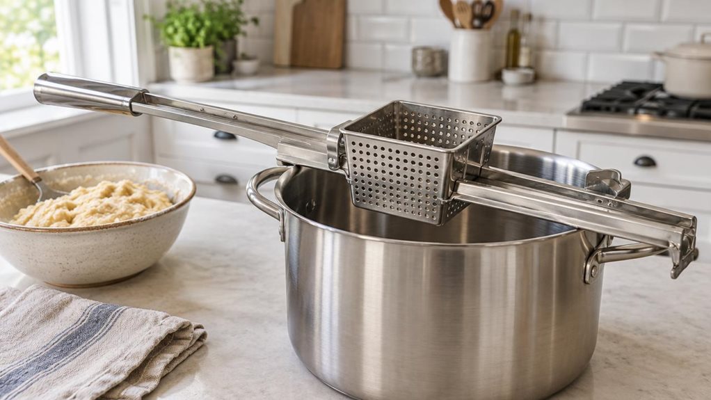 A photograph of a stainless-steel spätzle grater resting across a large pot on a bright, modern kitchen counter, composed as a horizontal 16:9 landscape scene. The grater is the clear hero: its long, polished metal body and perforated sliding hopper are sharply detailed, with subtle reflections from the surrounding kitchen. A small bowl of pale spätzle dough and a folded linen towel sit nearby, suggesting a meal in progress without showing anyone cooking. In the softly blurre
