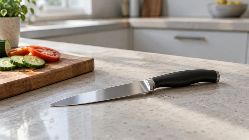 A photograph of a single utility knife resting naturally on a light stone kitchen counter, composed as a horizontal 16:9 landscape scene. The knife is the clear hero: a slim stainless-steel blade with a gently pointed tip and a sculpted dark handle, shown at a slight diagonal with subtle reflections along the metal. Nearby, a wooden cutting board holds a few casually arranged slices of cucumber and tomato, suggesting an everyday kitchen without implying anyone is mid-action. 