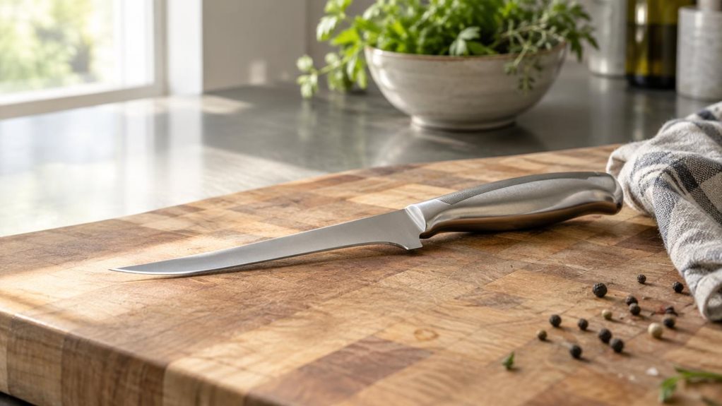 A photograph of a sleek boning knife resting on a wooden butcher block in a sunlit kitchen, captured as if during a quiet pause in meal preparation. The blade's narrow, curved steel edge gleams under natural window light, while the ergonomic handle shows a subtle brushed-metal finish. Beside the knife lies a folded linen kitchen towel and a few scattered peppercorns, suggesting recent use. In the soft-focus background, a stainless steel countertop and the blurred outline of a