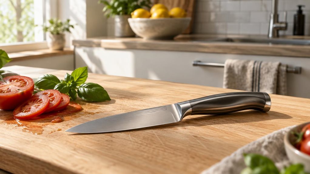 A photograph of a WMF Spitzenklasse Plus utility knife resting diagonally on a light oak cutting board in a modern kitchen, positioned slightly off-center to the right. The knife's polished stainless steel blade catches soft, natural window light streaming in from the left, highlighting the subtle forging lines along its spine and the ergonomic contoured handle. Beside it, a few slices of ripe tomato and a sprig of fresh basil suggest recent use, with a faint smear of juice o