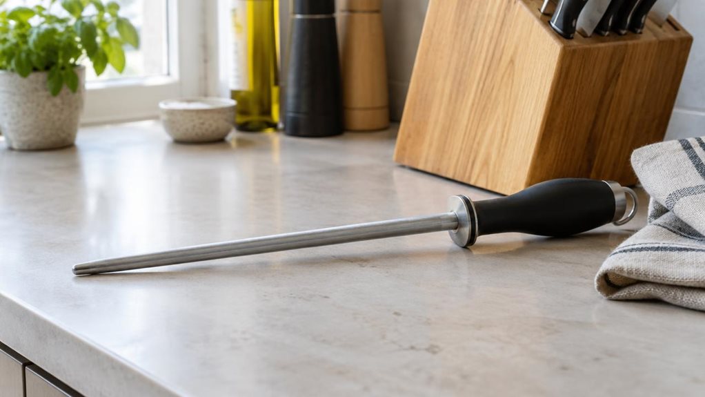 A photograph of a WMF Spitzenklasse Plus sharpening steel resting on a pale stone kitchen counter, composed as a horizontal 16:9 landscape scene. The single sharpening steel is the clear hero, its long polished metal rod and dark ergonomic handle catching soft highlights beside a wooden knife block and a folded linen towel. A few understated kitchen details sit naturally in the background, softly blurred, suggesting a calm, lived-in modern home. Gentle daylight enters from a