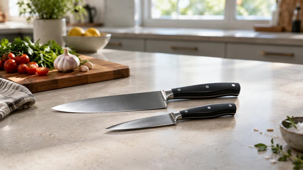 A photograph of a single two-piece kitchen knife set resting naturally on a pale stone countertop in a calm, modern home kitchen. The horizontally composed 16:9 landscape scene places the knives in clear focus near the center, their sleek dark handles and polished steel blades catching soft window light. A simple wooden cutting board and a few casually arranged ingredients sit nearby, suggesting everyday use without showing anyone or interrupting the still, observational mood