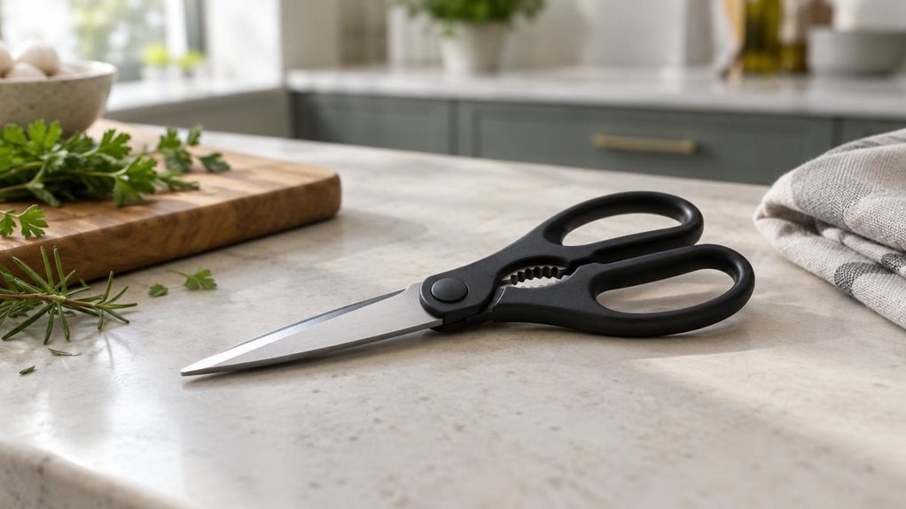 A photograph of a single pair of 21 cm black kitchen scissors resting naturally on a pale stone countertop in a modern home kitchen. The scissors are the clear hero, shown at a slight diagonal with their matte black handles and stainless-steel blades in crisp focus. Nearby, a wooden cutting board, a few fresh herb sprigs, and a folded linen towel suggest everyday kitchen use without making the scene feel staged. The horizontally composed 16:9 landscape frame captures a quiet 