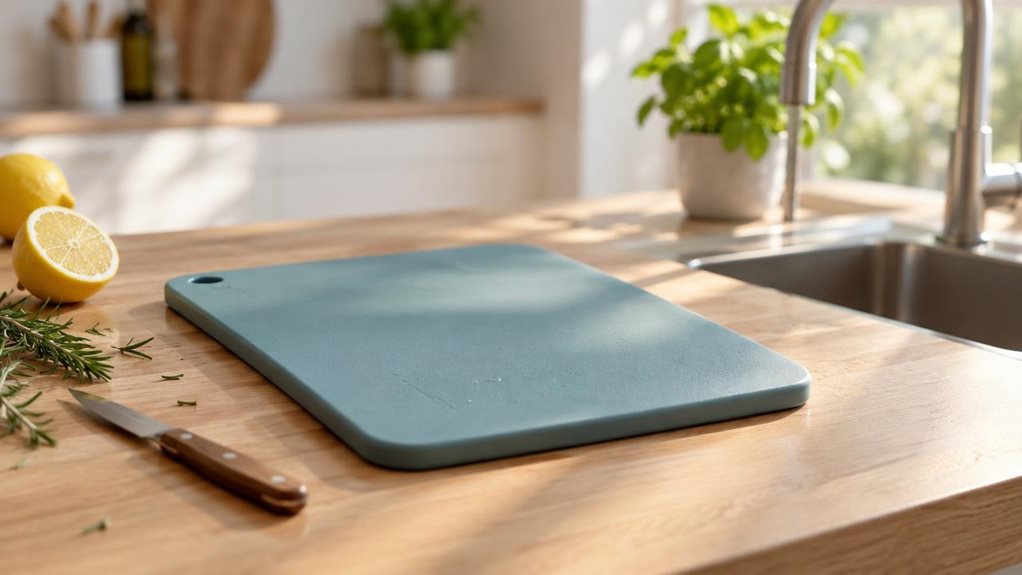 A photograph of a modern kitchen countertop bathed in soft morning light streaming through a nearby window. The hero subject is a lagoon blue chopping board with a smooth, matte finish, resting at a slight angle atop a light oak countertop. The board's rounded edges and minimalist silhouette reflect a contemporary Scandinavian design aesthetic. A few fresh ingredients—a halved lemon, a sprig of rosemary, and a small paring knife—are casually scattered nearby, suggesting recen