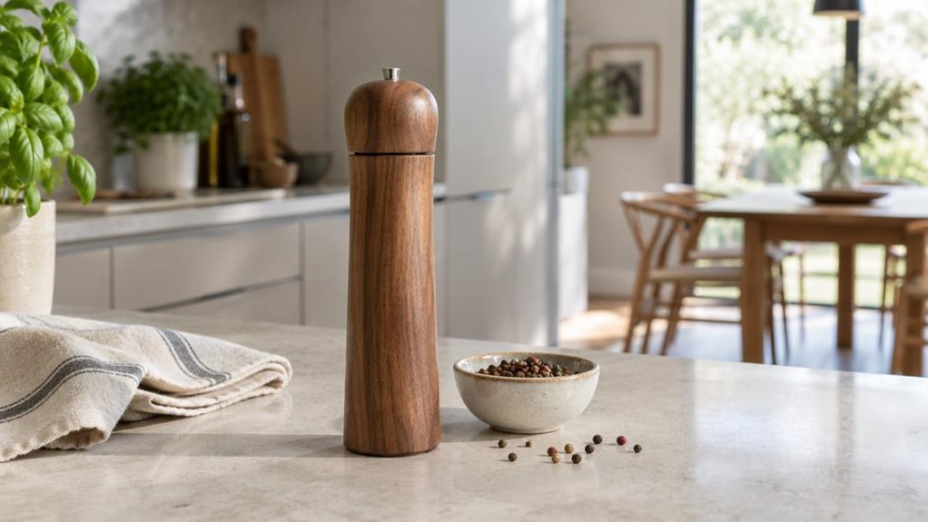 A photograph of a single brown electric wooden mill standing upright on a pale stone kitchen counter, its smooth cylindrical body and softly rounded top clearly visible. The mill is the hero of a horizontally composed 16:9 landscape scene, placed beside a small ceramic bowl of peppercorns and a folded linen tea towel. In the softly blurred background, a modern home kitchen opens onto a sunlit dining area, with understated cabinetry and a few leafy herbs adding natural detail.