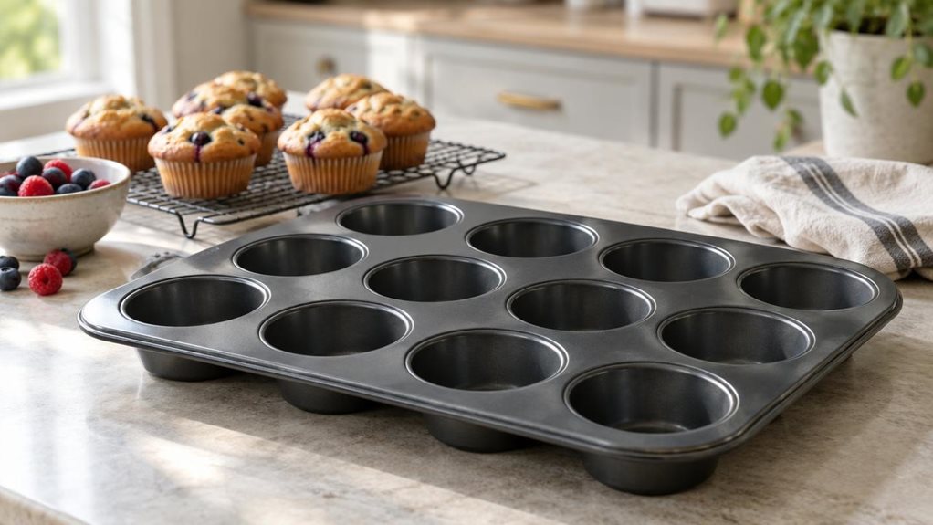 A photograph of a single 12-cup muffin pan resting on a pale stone kitchen counter, composed horizontally in a 16:9 landscape frame. The dark, heavy-gauge pan is the clear hero, its twelve cleanly formed cups and sturdy rim catching soft highlights from a nearby window. A few golden muffins sit on a cooling rack just behind it, with a folded linen towel and a small bowl of berries adding a relaxed, lived-in baking-kitchen feel without distracting from the pan. The scene feels