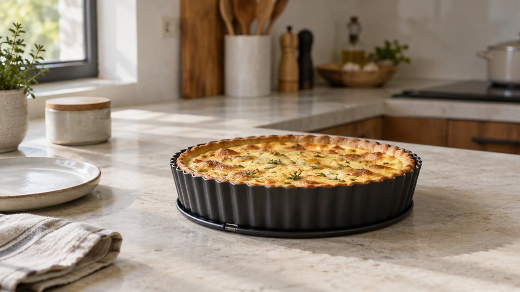 A photograph of a single round, dark nonstick quiche and tart mould resting on a pale stone kitchen counter, photographed in a horizontally composed 16:9 landscape scene. Its fluted sides and removable base are clearly visible, with a freshly baked golden tart inside, its neat crust lightly browned around the edges. A simple ceramic plate and folded linen napkin sit nearby, suggesting a relaxed home kitchen rather than a styled catalogue set. The mould is the clear hero, natu