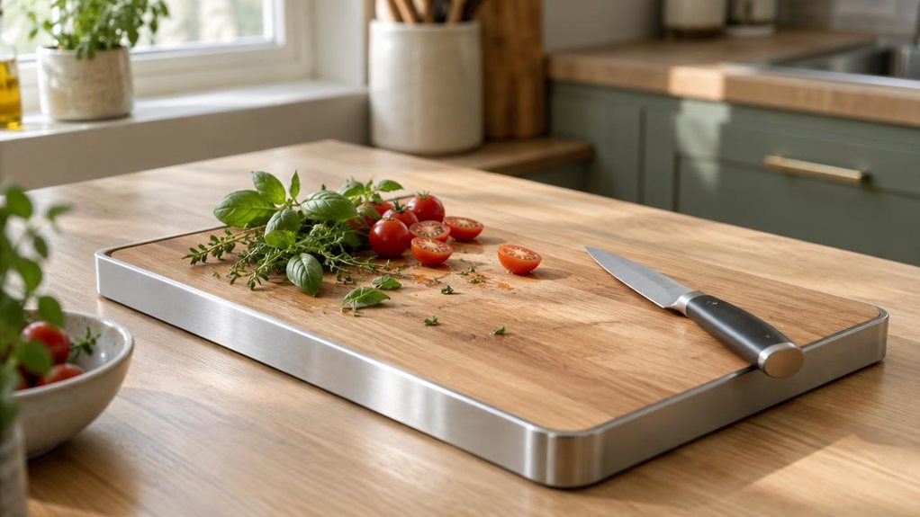 A photograph of a sleek stainless-steel-rimmed chopping board resting on a light oak kitchen countertop, captured in a horizontal 16:9 composition. The board's brushed metal edge catches soft, natural daylight streaming in from a nearby window, highlighting the subtle grain of its wooden surface. A few fresh herb sprigs and a scattering of cherry tomato halves sit casually to one side, as if just set down mid-preparation. A paring knife rests at an angle near the board's corn