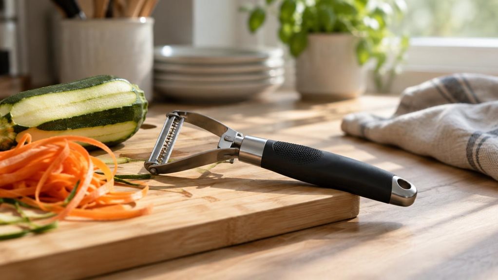 A photograph of a sleek stainless steel and black-handled julienne peeler resting diagonally across a bamboo cutting board on a sunlit kitchen countertop. Beside it, a partially peeled zucchini and a curl of fresh carrot ribbons suggest recent use, though the scene feels still and candid, as if caught in a quiet morning moment. The peeler's textured grip catches a soft gleam of natural light pouring in from a nearby window, highlighting the fine ridges of its julienne blade.