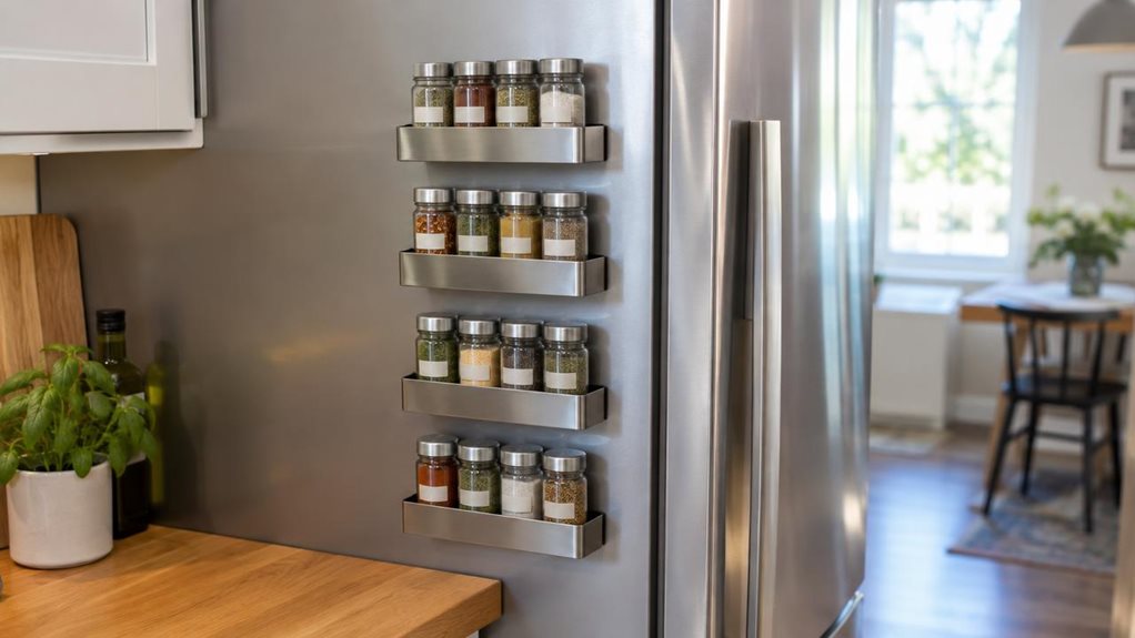 A photograph of a single set of four magnetic spice racks mounted neatly on the side of a modern stainless-steel refrigerator in a bright, lived-in kitchen. The horizontally composed 16:9 landscape scene shows the racks as the clear hero, each holding a few small glass spice jars with understated, unbranded labels and visible herbs and seasonings. A wooden countertop and the edge of a cutting board sit nearby, with a softly blurred glimpse of the kitchen beyond. The arrangeme