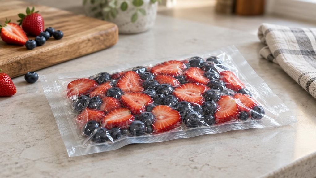 A photograph of a single clear vacuum-seal food bag resting on a pale stone kitchen counter, horizontally composed in a 16:9 landscape frame. Inside the bag, neatly arranged sliced strawberries and blueberries look vibrant and freshly preserved; subtle embossed channels and a clean sealed edge make the bag feel realistic and functional. A wooden cutting board, a few loose berries, and a folded linen towel sit nearby, suggesting everyday home use without distracting from the p