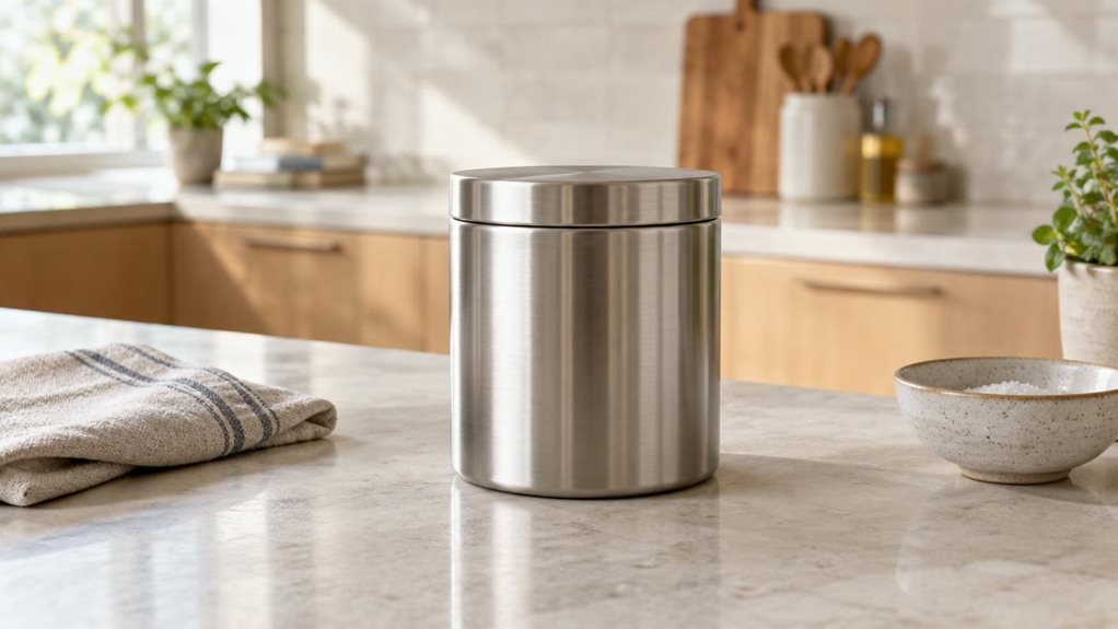 A photograph of a single stainless steel storage jar resting on a pale stone kitchen counter, composed horizontally in a 16:9 landscape frame. The jar is the clear hero, its brushed metal surface catching soft window light and reflecting the quiet tones of the room. Its simple fitted lid sits neatly in place, and the clean, unmarked design feels practical and contemporary. Nearby, a folded linen towel and a small ceramic bowl add subtle signs of everyday kitchen life without 