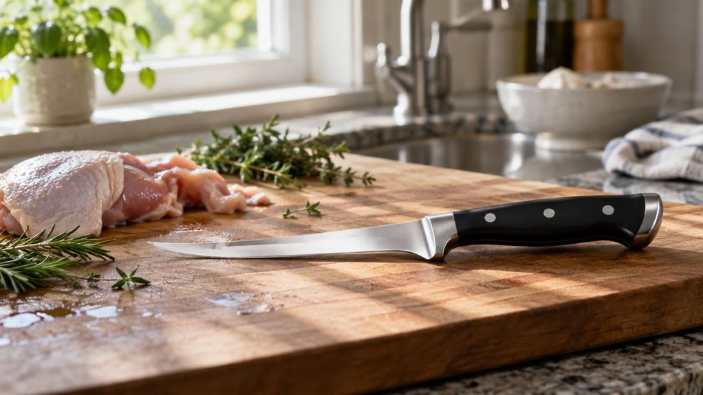 A photograph of a WÜSTHOF Classic Boning Knife resting on a wooden cutting board in a sunlit kitchen, composed horizontally in 16:9 landscape. The knife's narrow, slightly curved blade catches a soft ray of morning light streaming through a nearby window, highlighting the polished steel and the dark, ergonomic handle. Beside it, a few fresh herb sprigs and a partially trimmed piece of raw poultry suggest recent use, though the scene feels calm and observational rather than ac