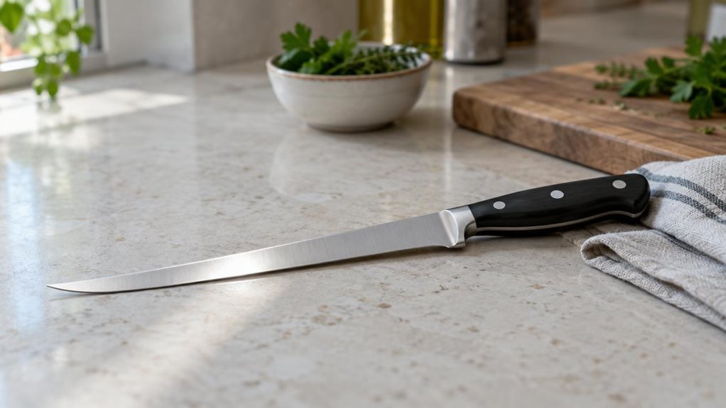 A photograph of a single 18 cm fillet knife resting naturally on a pale stone countertop in a calm, modern home kitchen. The knife is the clear hero of the horizontally composed 16:9 landscape scene, its long, slender stainless-steel blade catching a soft strip of window light, with a subtle curve and finely tapered point visible in crisp detail. Its dark, three-rivet handle sits near a folded linen towel, while a wooden cutting board and a small bowl of fresh herbs sit farth