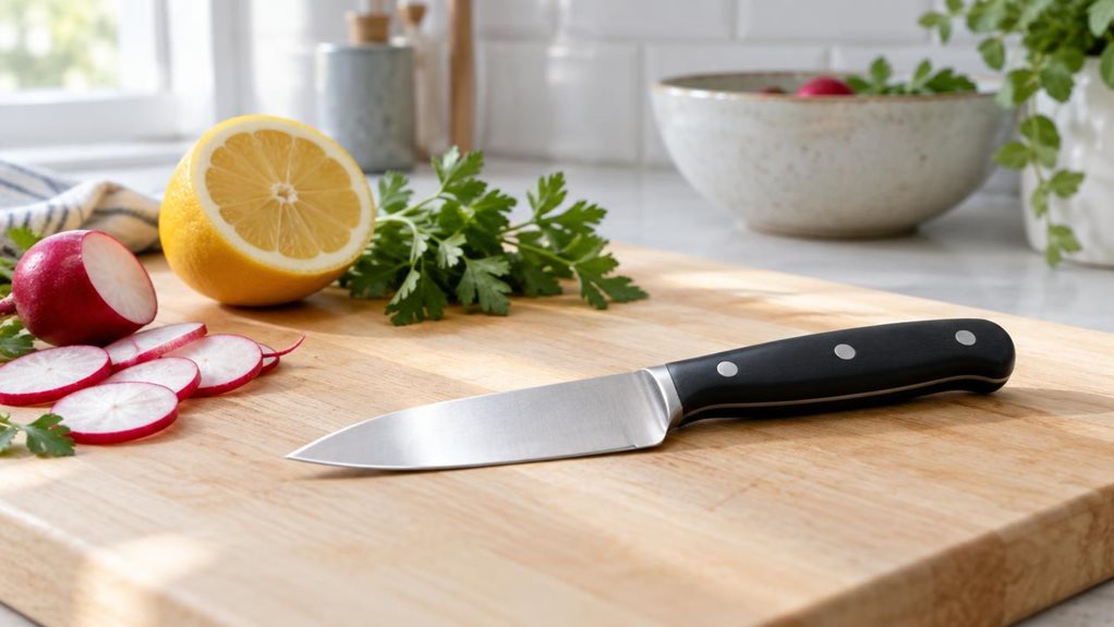 A photograph of a single compact vegetable knife resting on a pale wooden cutting board in a bright, modern kitchen. The knife has a short, gently curved stainless-steel blade and a matte black handle with three subtle rivets; no logo or lettering is visible. A few freshly cut radish slices, a halved lemon, and a sprig of parsley sit nearby, suggesting everyday food preparation without showing anyone in action. The knife is the clear hero, positioned diagonally across the boa