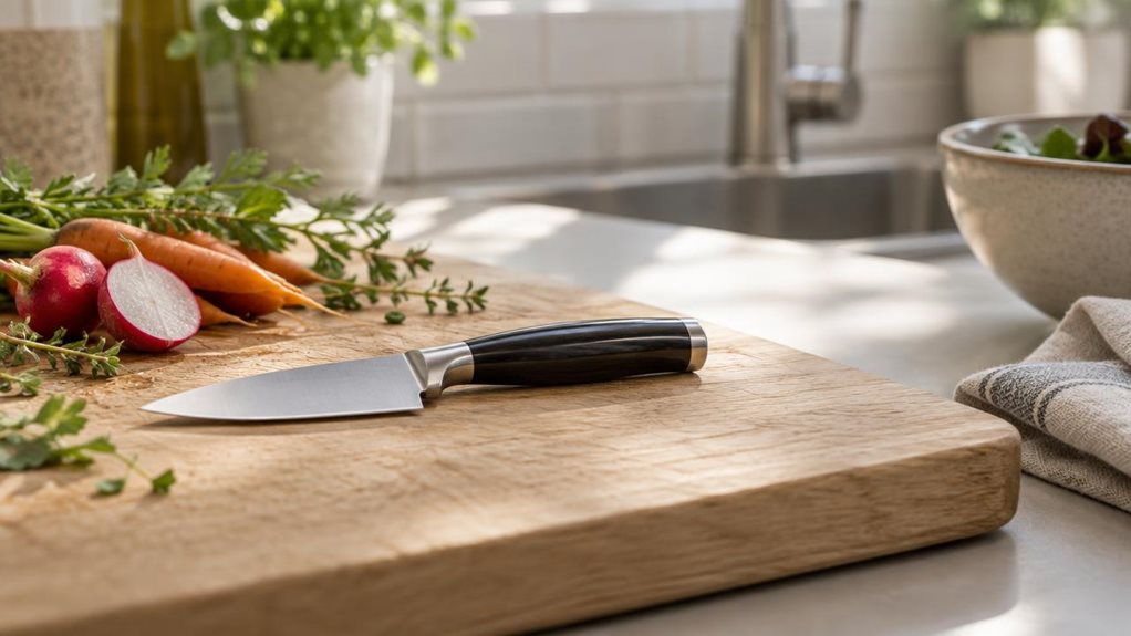 A photograph of a compact vegetable knife resting on a light oak cutting board in a sunlit kitchen, its 9 cm blade catching a soft gleam from a nearby window. The full bolster and dark polished handle suggest quality craftsmanship, laid casually beside a small pile of fresh produce—baby carrots, a halved radish, and a few sprigs of herbs—evoking mid-morning meal prep. The composition is horizontal, 16:9, with the knife placed slightly left of center along the rule of thirds,