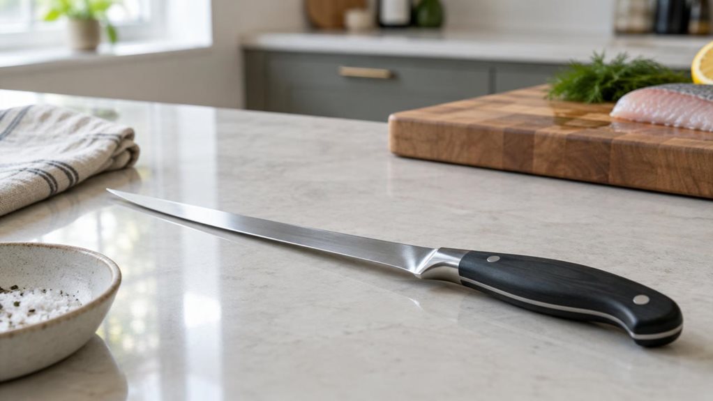 A photograph of a single fillet knife resting diagonally on a clean, pale stone countertop in a modern home kitchen, composed as a horizontal 16:9 landscape scene. Its long, slender stainless-steel blade catches a soft ribbon of window light, while the dark, contoured handle sits in crisp focus near the foreground. A folded linen towel and a simple ceramic dish sit nearby, suggesting a practical place for fish preparation without showing anyone in action. In the softly blurre