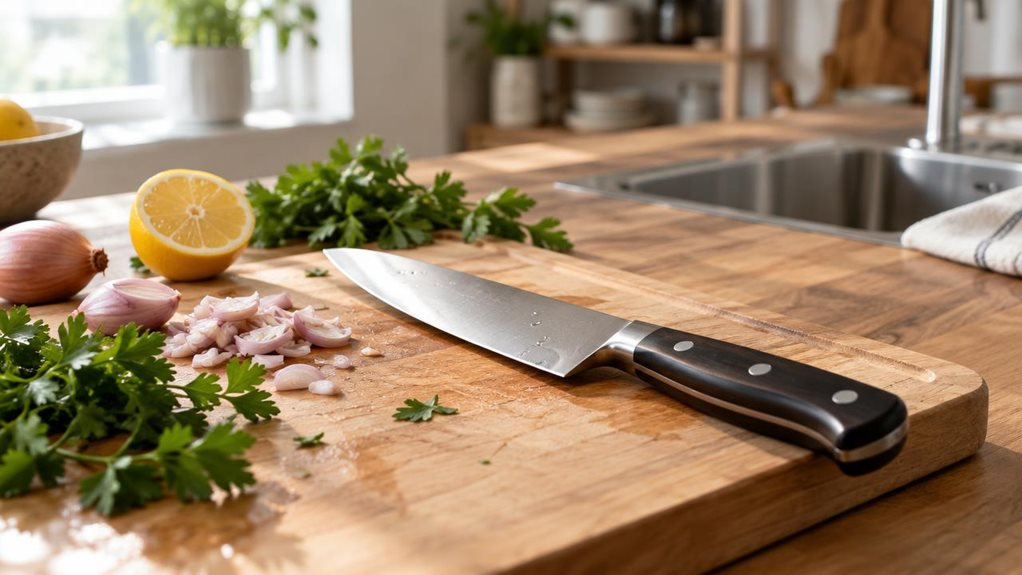 A photograph of a 16 cm forged chopping knife resting diagonally atop a wooden cutting board on a sunlit kitchen countertop. The blade's polished steel catches soft morning light streaming through a nearby window, casting a subtle reflective glint along its edge. The dark, triple-riveted handle sits closest to the camera, slightly angled, with faint water droplets suggesting it was recently washed. Scattered around the knife are fresh ingredients mid-preparation—a few sprigs 