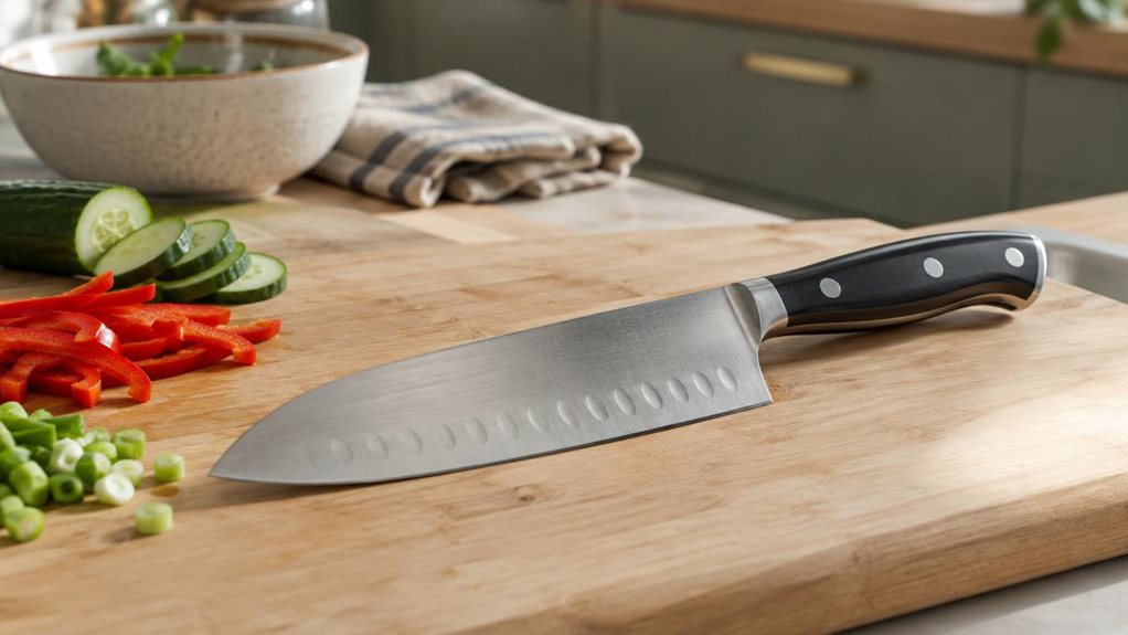 A photograph of a single Santoku knife resting naturally on a pale oak cutting board in a calm, modern home kitchen, composed as a horizontal 16:9 landscape scene. The knife is the clear hero, placed diagonally across the board with its broad, gently curved stainless-steel blade and dark, three-rivet handle fully visible. A few neatly sliced vegetables—cucumber, red pepper, and scallion—sit nearby, suggesting everyday meal preparation without showing anyone mid-action. In the