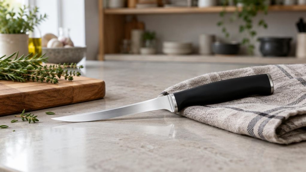 A photograph of a single 14 cm boning knife resting naturally on a pale stone countertop in a calm, modern home kitchen. The slim, gently curved stainless-steel blade and matte black handle are clearly visible, with the knife angled across a folded linen towel beside a small wooden cutting board and a few sprigs of fresh herbs. The scene feels candid and observational, as if captured between meal preparations, with no person or action in frame. Soft window light brings out th