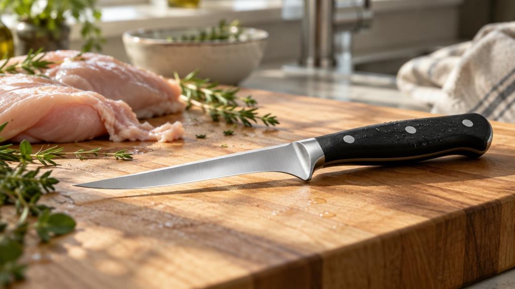 A photograph of a WÜSTHOF Gourmet boning knife resting on a wooden butcher block in a sunlit kitchen, captured in a horizontal 16:9 frame. The knife's slim, curved blade catches soft morning light streaming through a nearby window, highlighting its polished steel edge and subtle etching along the spine. The black synthetic handle shows faint texture detail, with a few fine water droplets suggesting it was just rinsed. Beside the knife, a partially trimmed chicken breast and a